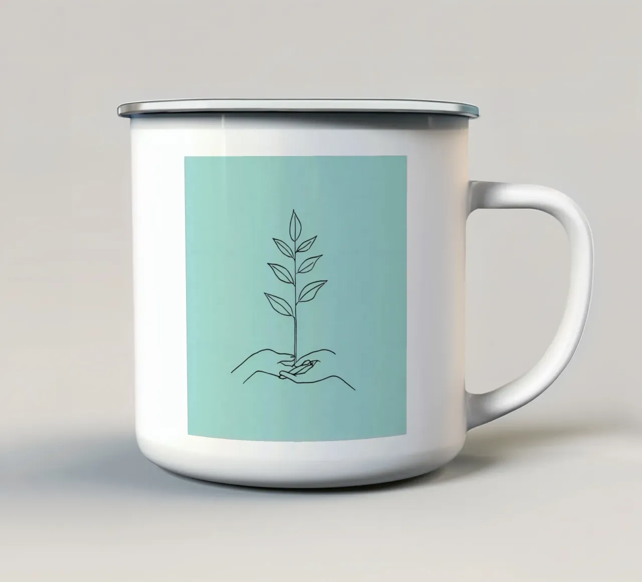 Mani che sorreggono una pianta per simboleggiare crescita e sostenibilità tazza in smalto da DesignDoodle