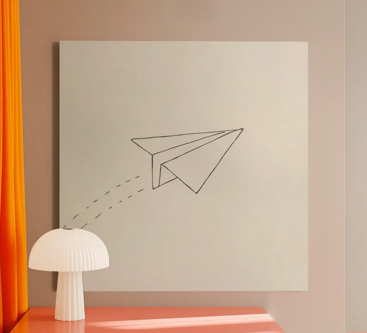 Paper airplane soaring through the air with trailing flight canvas by DesignDoodle