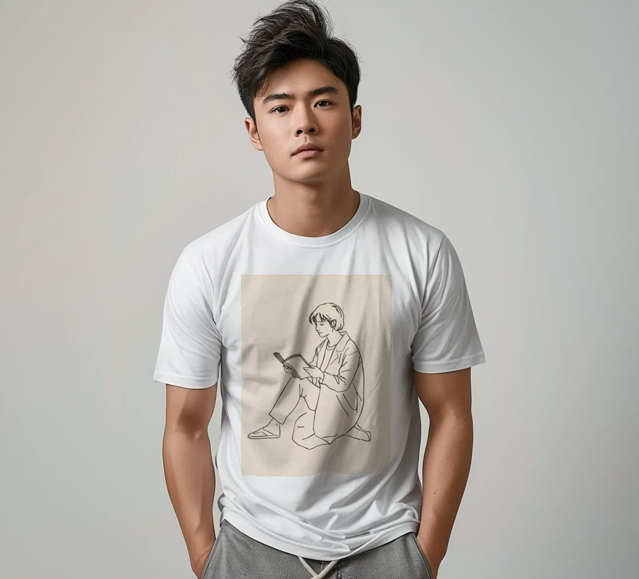 Person reading a book while sitting on the floor in a casual t-shirt by DesignDoodle