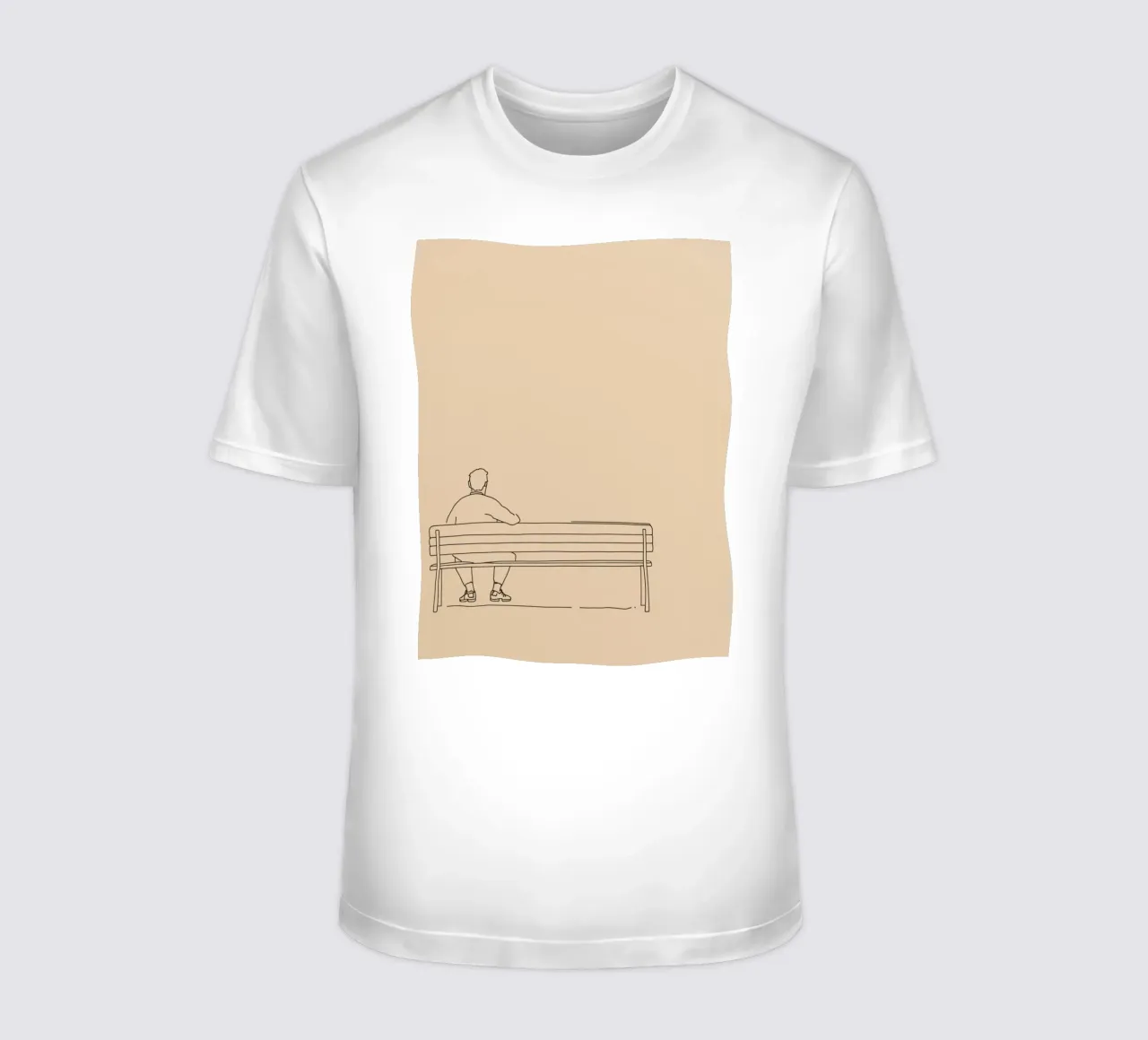 Individual sitting quietly on a bench in a minimalist art t-shirt by DesignDoodle