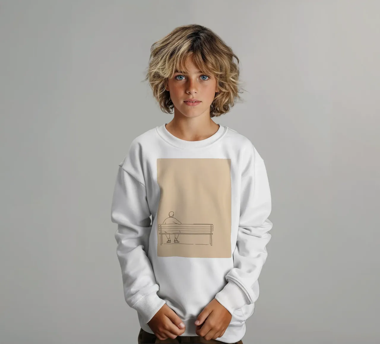 Individuo sentado tranquilamente en un banco en un arte minimalista sudadera para niño de DesignDoodle