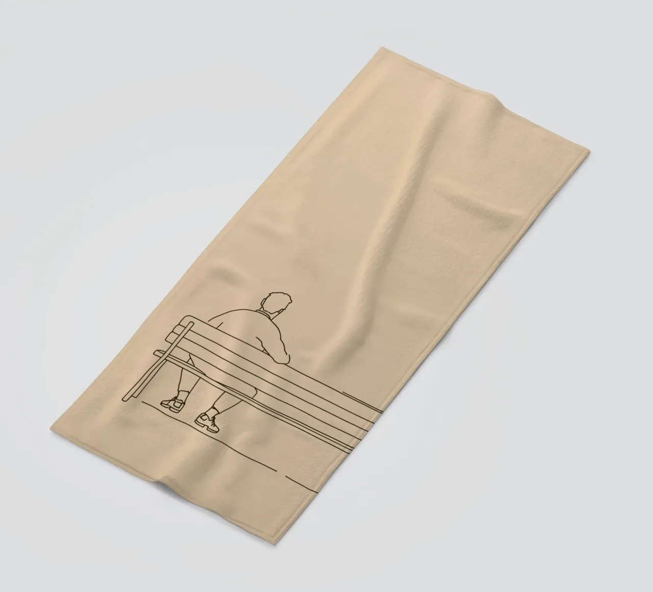 Individual sitting quietly on a bench in a minimalist art beach towel by DesignDoodle