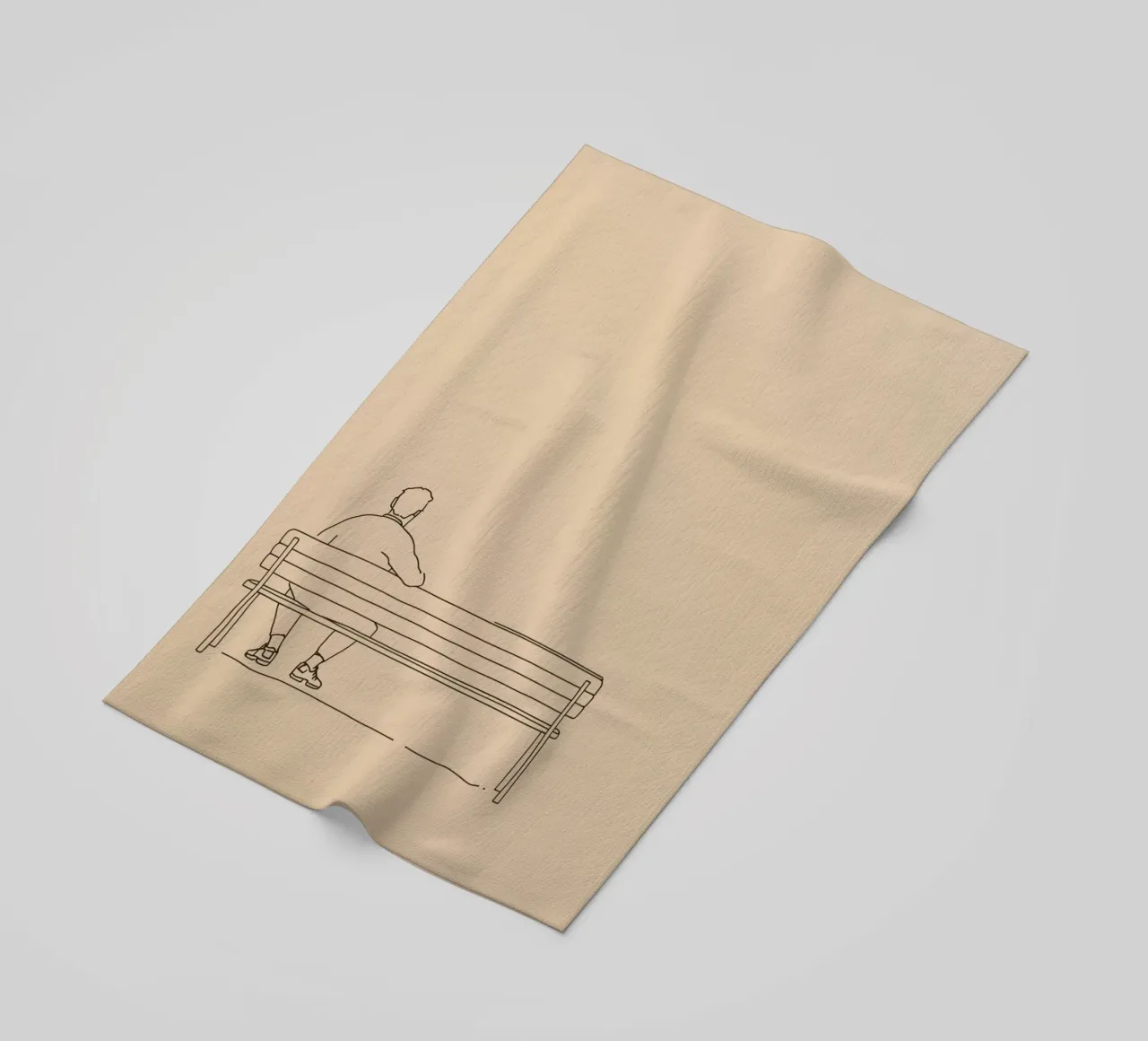 Individual sitting quietly on a bench in a minimalist art beach towel by DesignDoodle