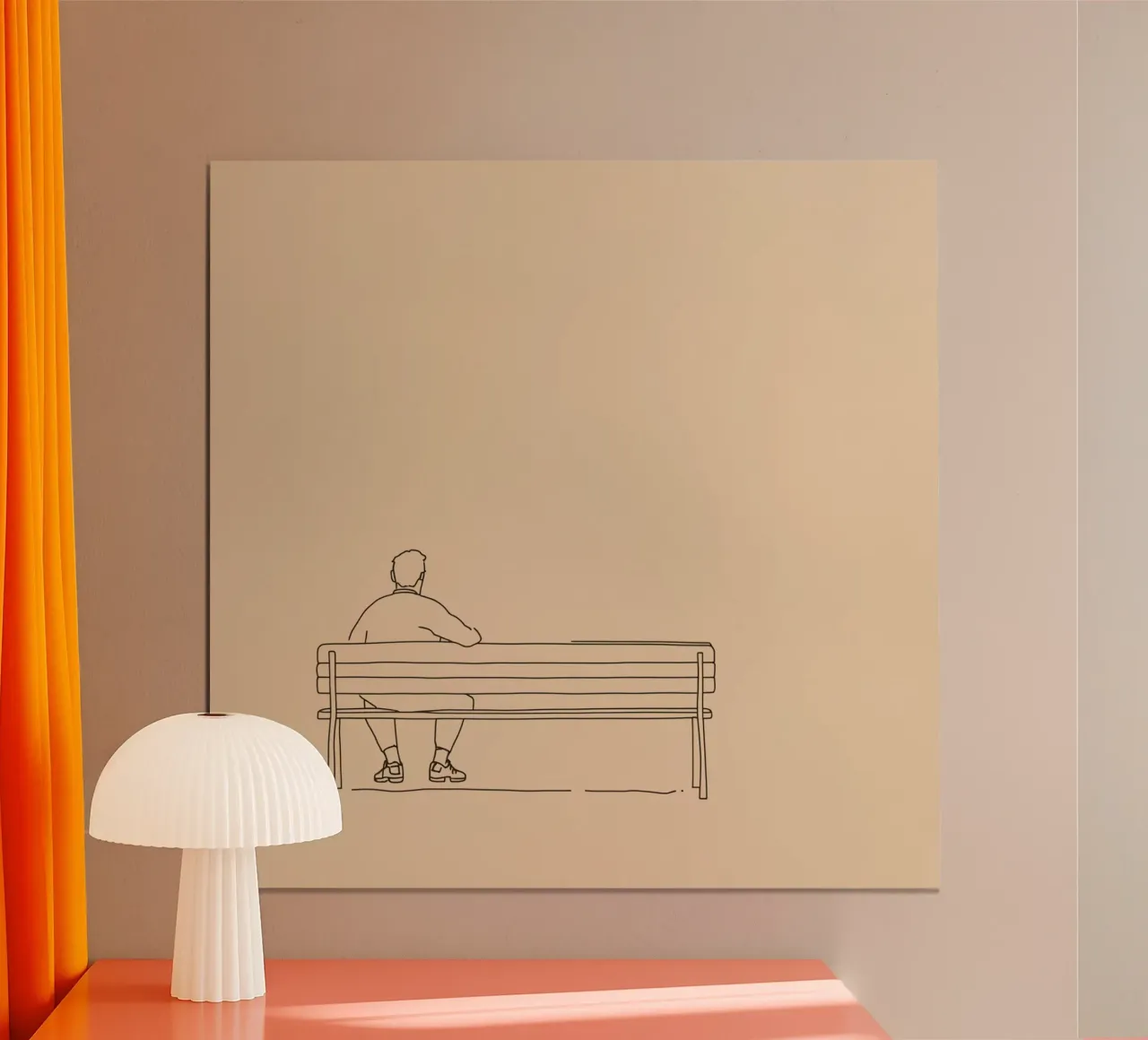 Individu assis tranquillement sur un banc dans une œuvre d'art minimaliste hahnemühle de DesignDoodle