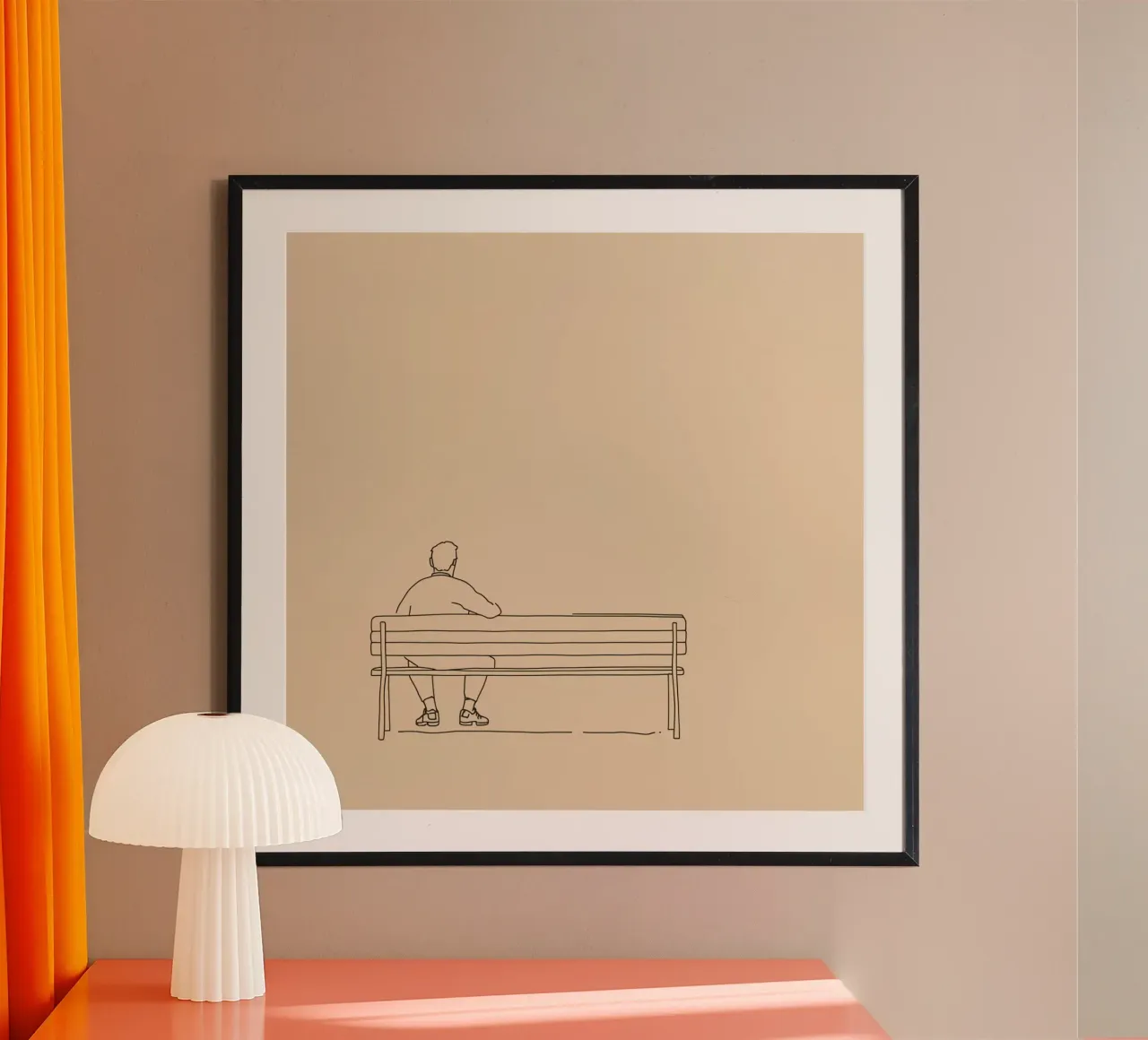 Individu assis tranquillement sur un banc dans une œuvre d'art minimaliste hahnemühle de DesignDoodle