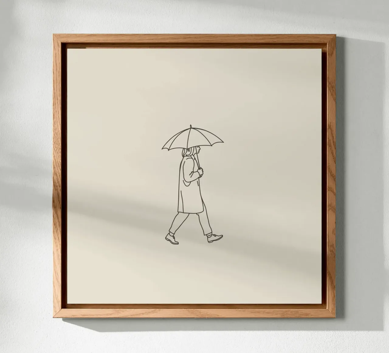 Person walking with umbrella in light rain on a neutral art alu-dibond by DesignDoodle