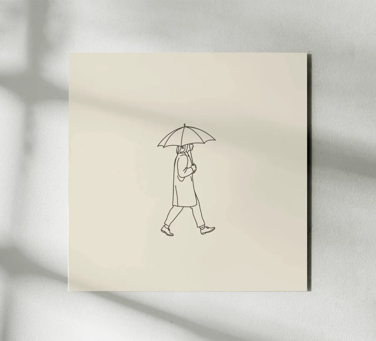 Person walking with umbrella in light rain on a neutral art alu-dibond by DesignDoodle