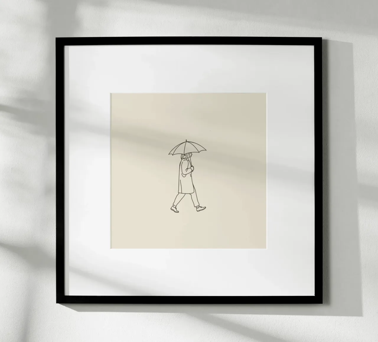 Person walking with umbrella in light rain on a neutral art hahnemühle by DesignDoodle