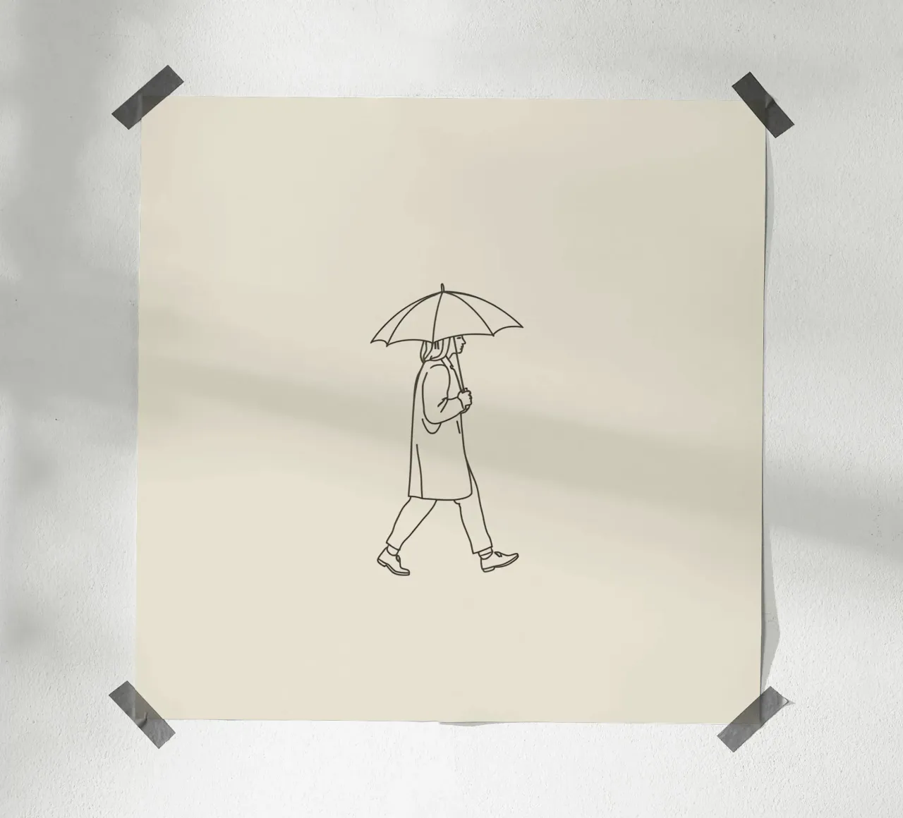 Person walking with umbrella in light rain on a neutral art hahnemühle by DesignDoodle