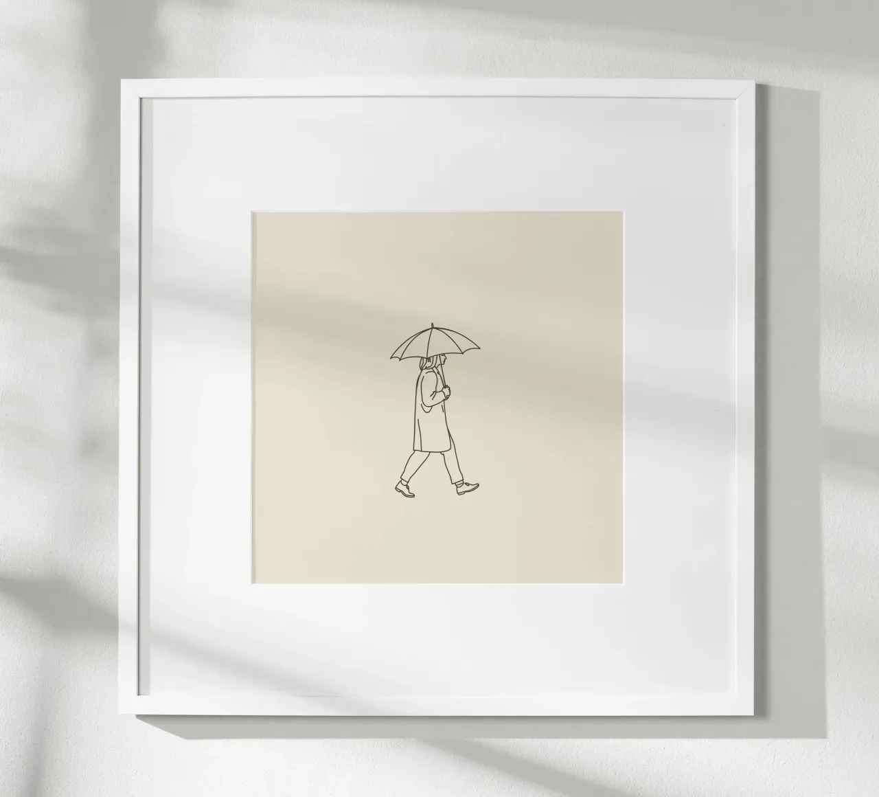 Person walking with umbrella in light rain on a neutral art hahnemühle by DesignDoodle