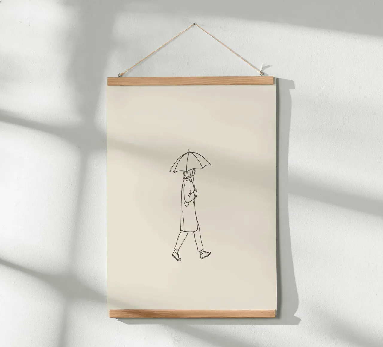 Person walking with umbrella in light rain on a neutral art hahnemühle by DesignDoodle