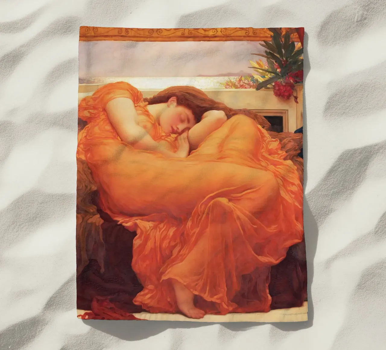 Flaming June by Frederic Leighton beach towel by Venus Art