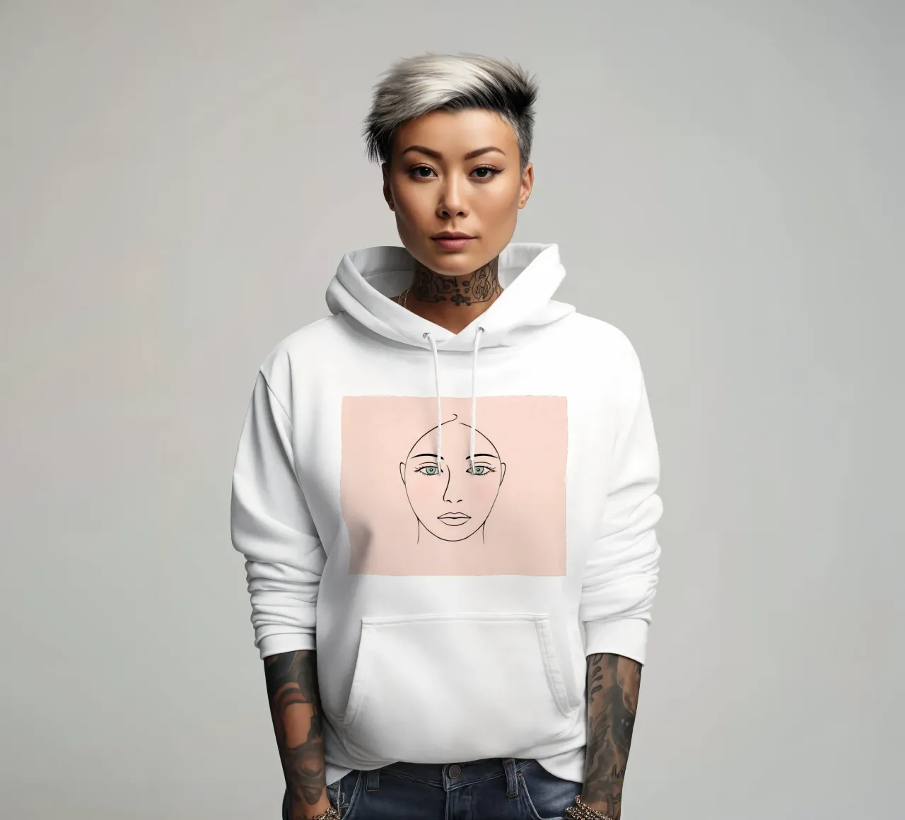 Disegno lineare di donna con occhi verdi e arrossamento chiaro felpa con cappuccio da DesignDoodle
