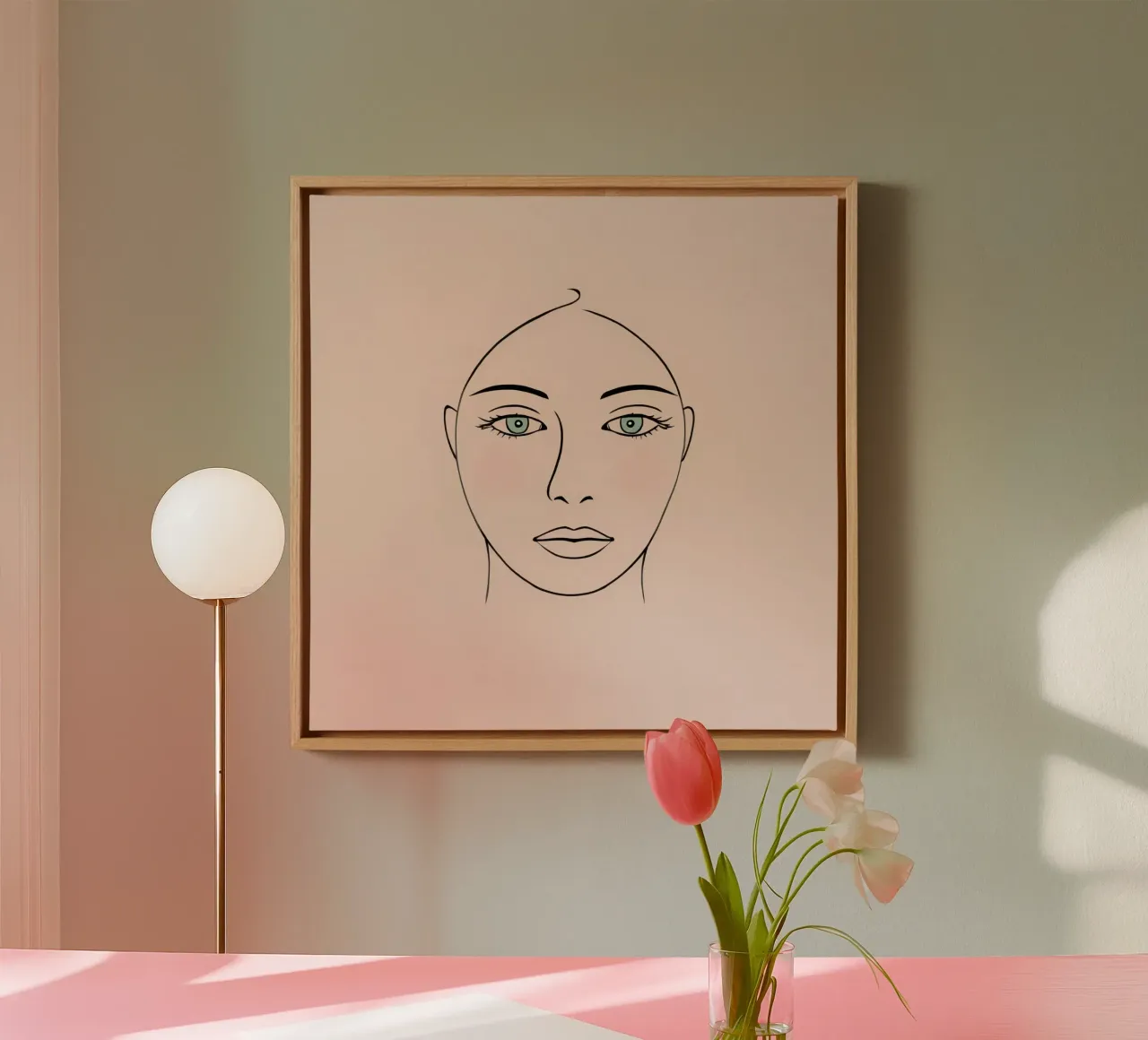 Disegno lineare di donna con occhi verdi e arrossamento chiaro tela con Cornice a cassetta da DesignDoodle