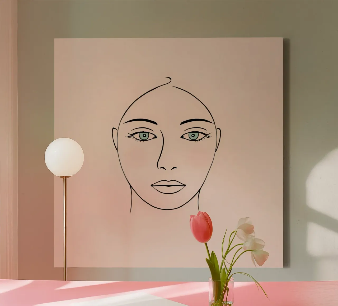 Disegno lineare di donna con occhi verdi e arrossamento chiaro tela con Cornice a cassetta da DesignDoodle