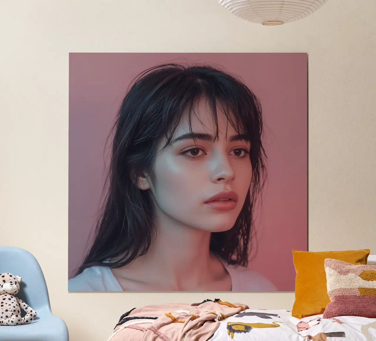 Ritratto di una giovane donna con capelli bagnati e trucco naturale poster con telaio in plastica da DesignDoodle