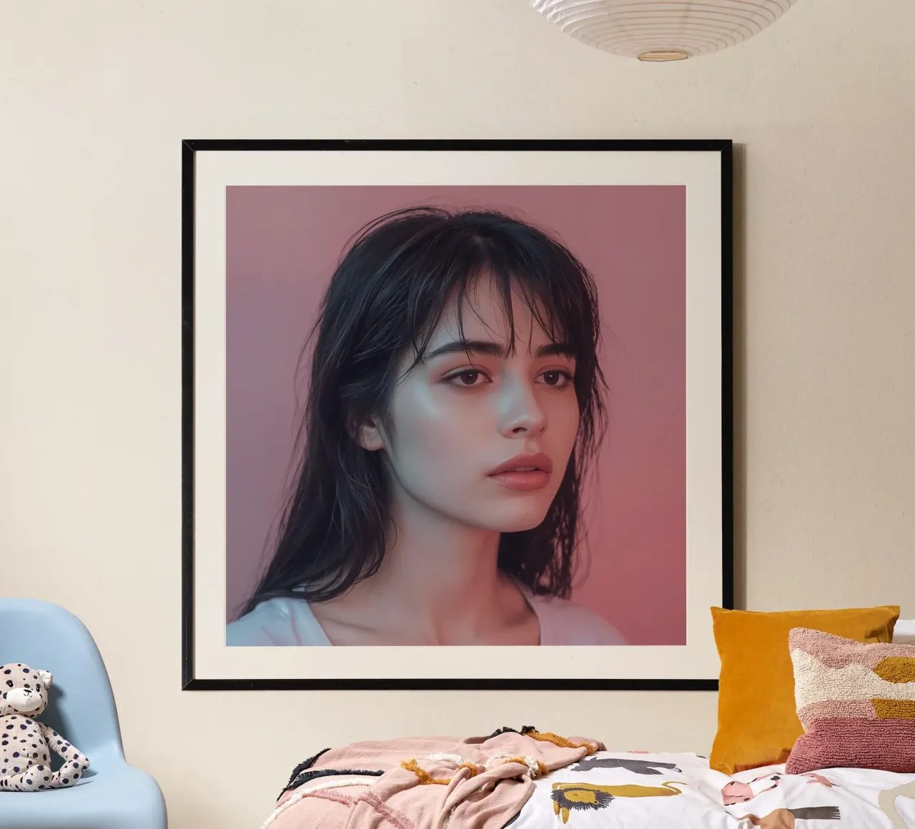Ritratto di una giovane donna con capelli bagnati e trucco naturale poster con telaio in plastica da DesignDoodle