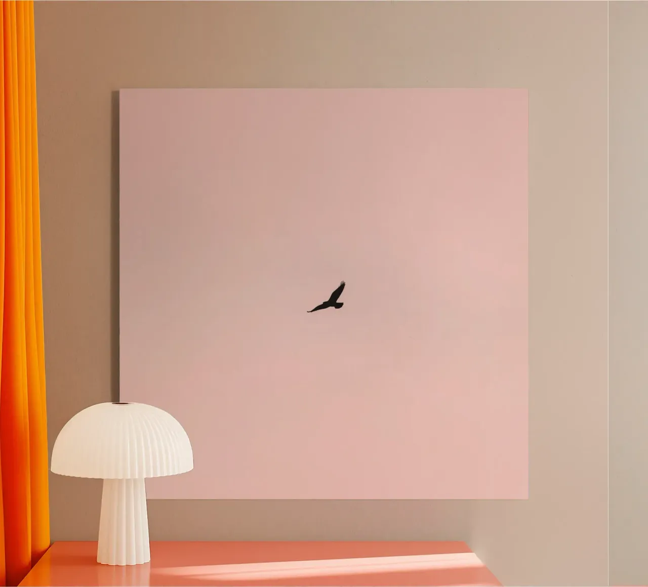 Adelaar zwevend door een pastelkleurige lucht in de schemering over een stil land acryl van DesignDoodle