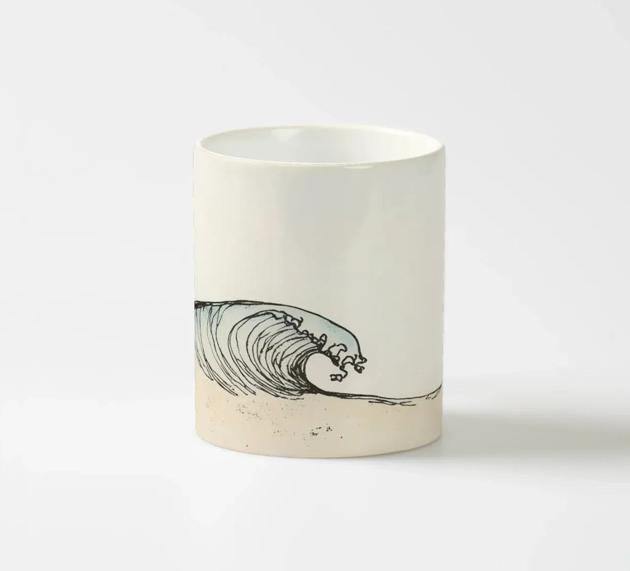 Dynamic ocean wave crashing on beach at sunset reflecting ceramic mug by DesignDoodle