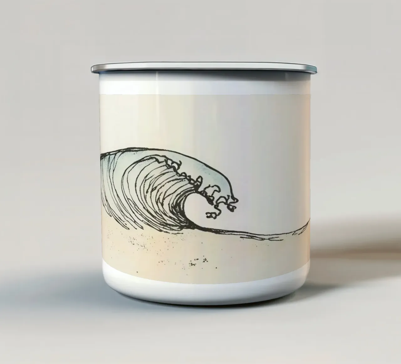 Dynamic ocean wave crashing on beach at sunset reflecting enamel mug by DesignDoodle