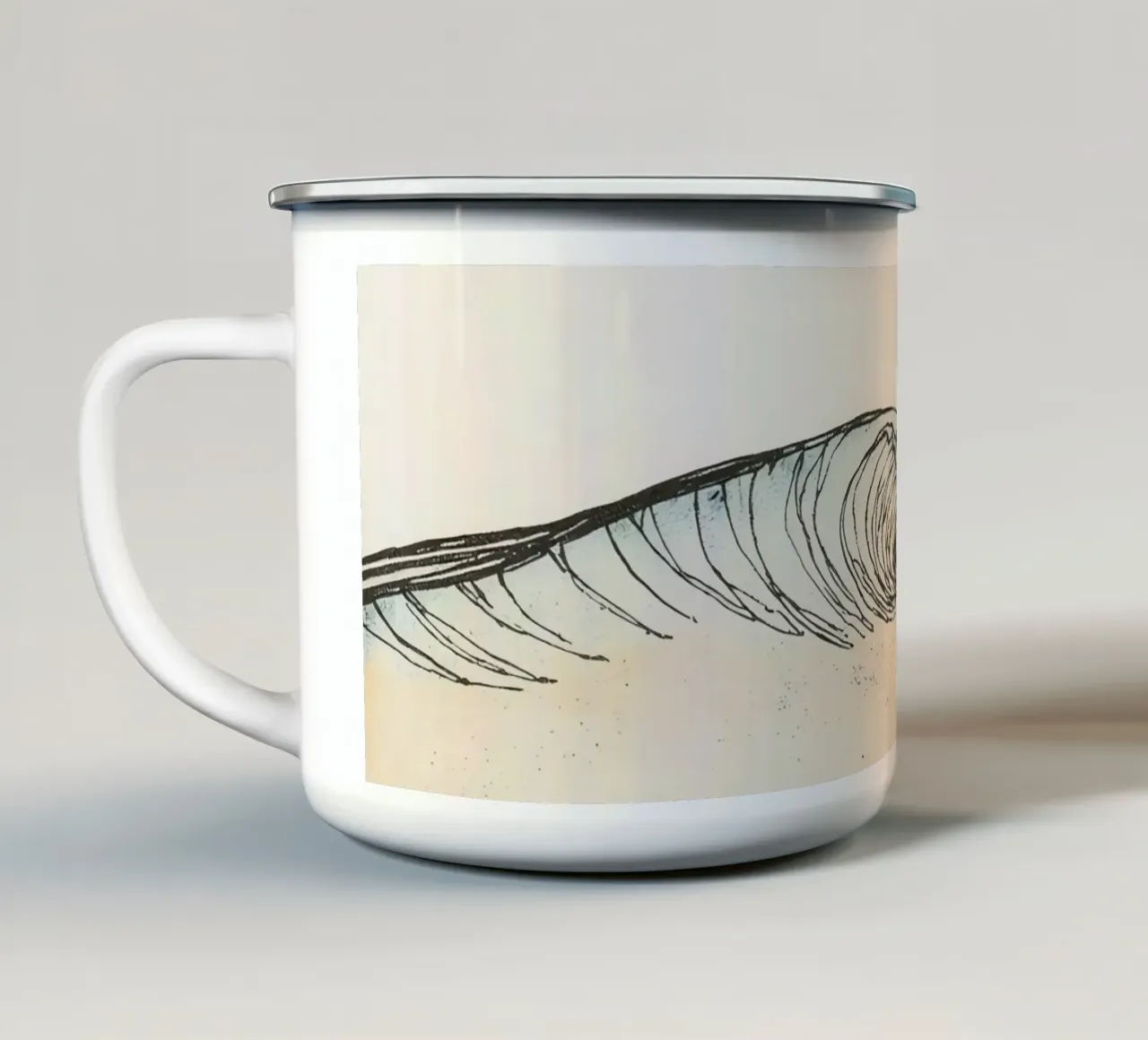 Dynamic ocean wave crashing on beach at sunset reflecting enamel mug by DesignDoodle