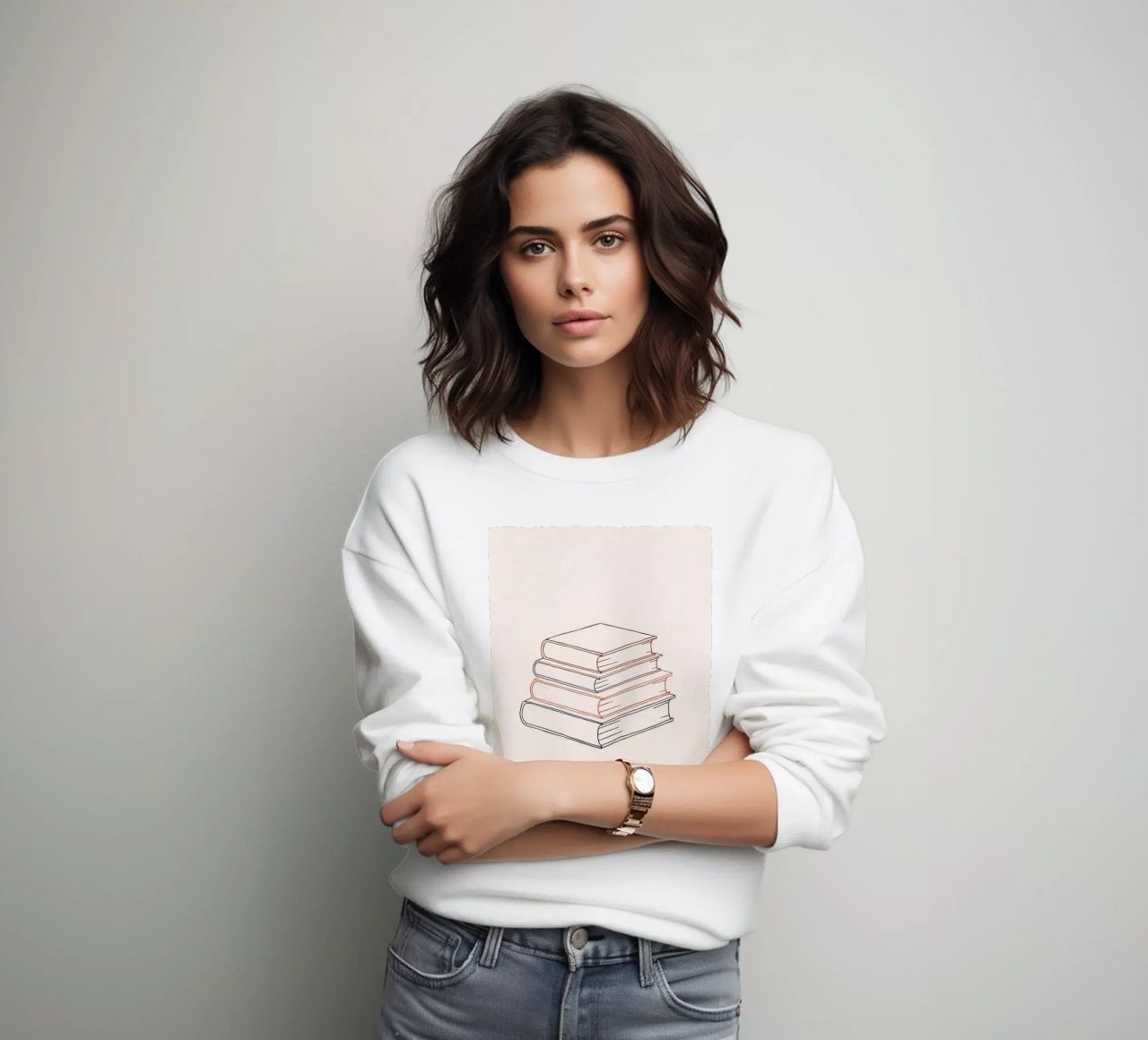 Pila di libri in stile minimal line art che mostrano vari felpa da DesignDoodle