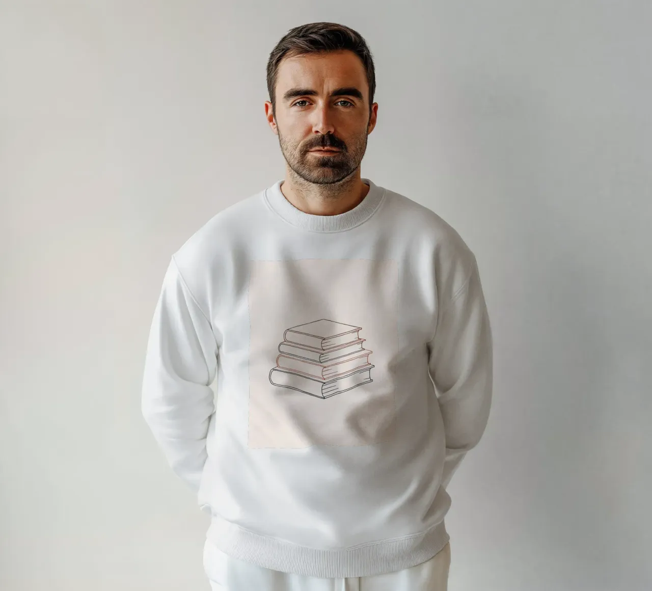 Stack of books in minimal line art style showcasing various sweatshirt by DesignDoodle