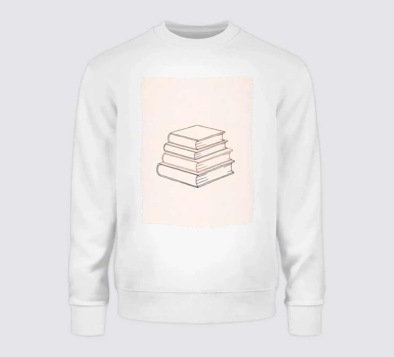 Stack of books in minimal line art style showcasing various sweatshirt by DesignDoodle