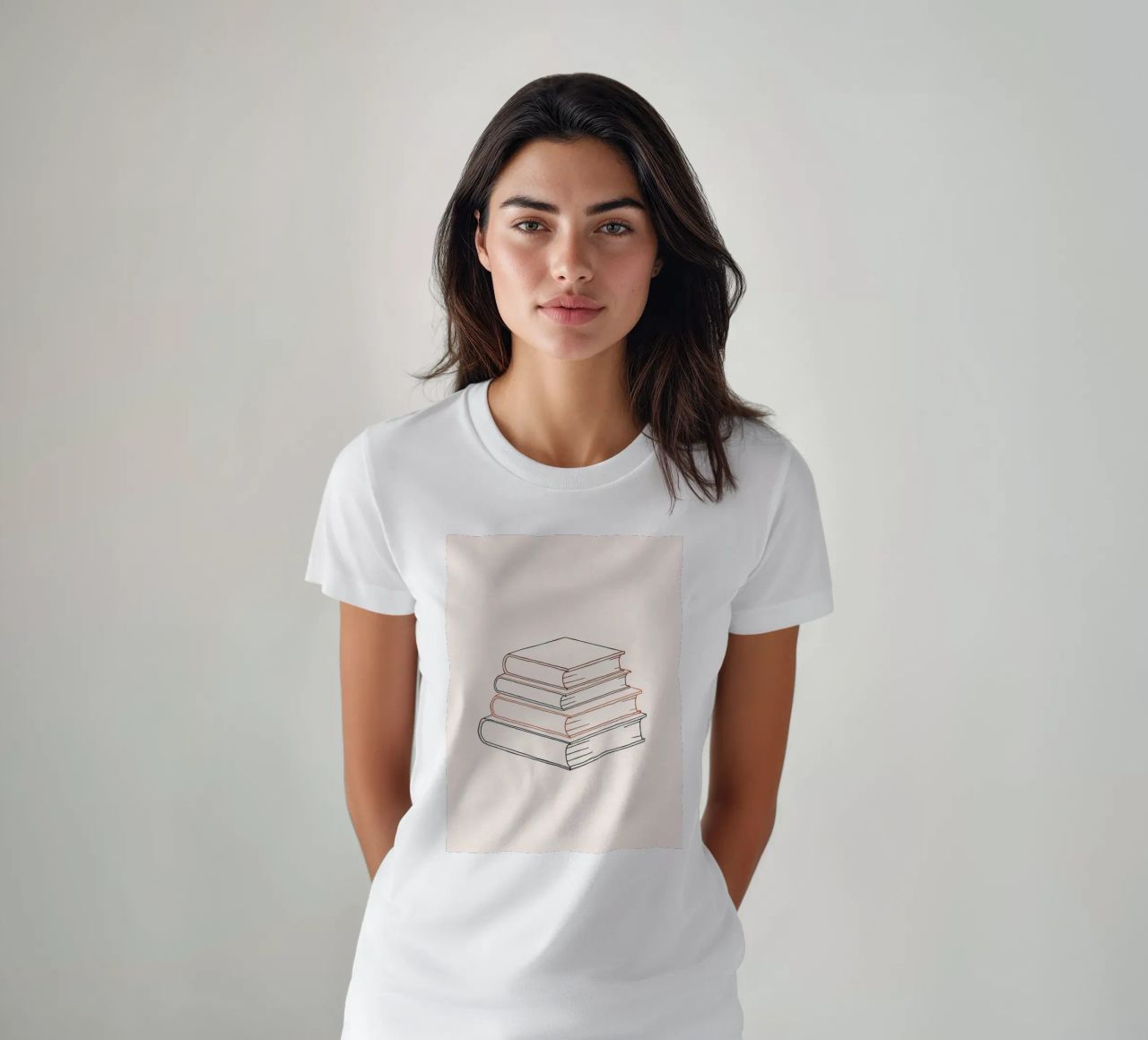 Pila di libri in stile minimal line art che mostrano vari t-shirt da DesignDoodle