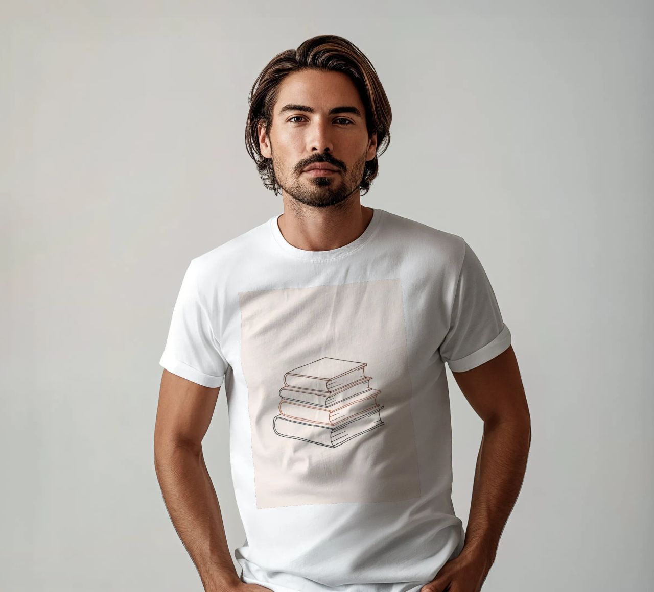 Pila di libri in stile minimal line art che mostrano vari t-shirt da DesignDoodle