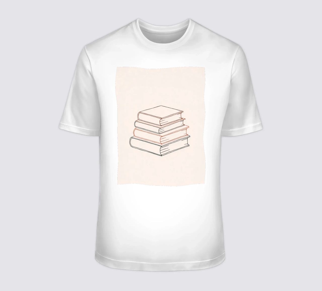 Pila di libri in stile minimal line art che mostrano vari t-shirt da DesignDoodle