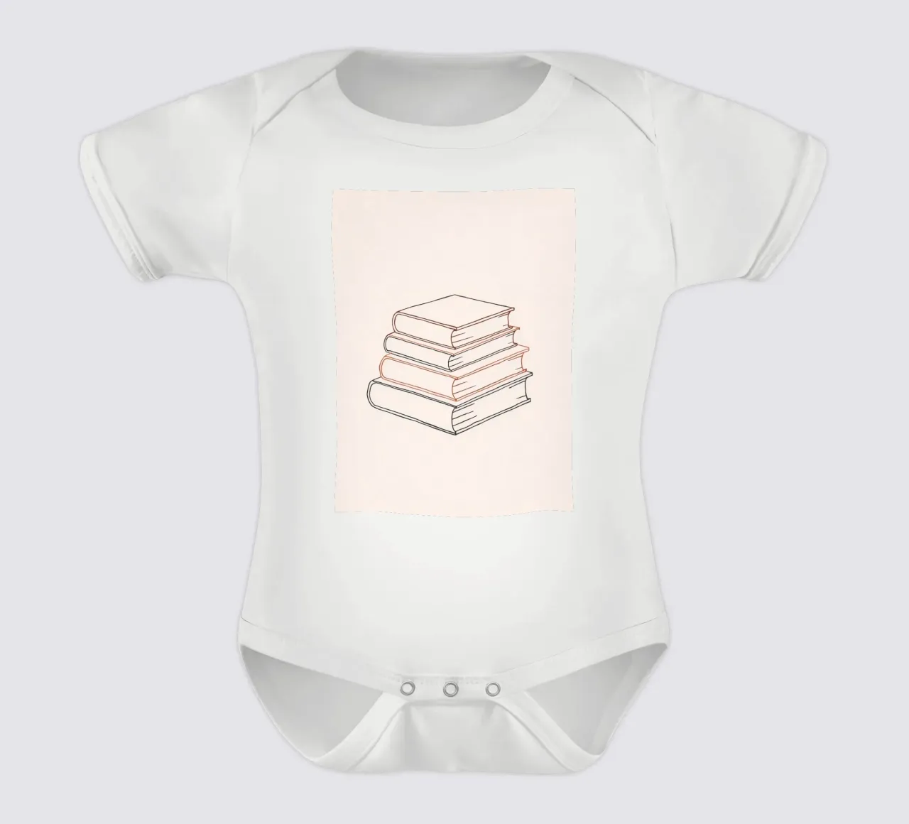 Stack of books in minimal line art style showcasing various short-sleeve baby romper by DesignDoodle