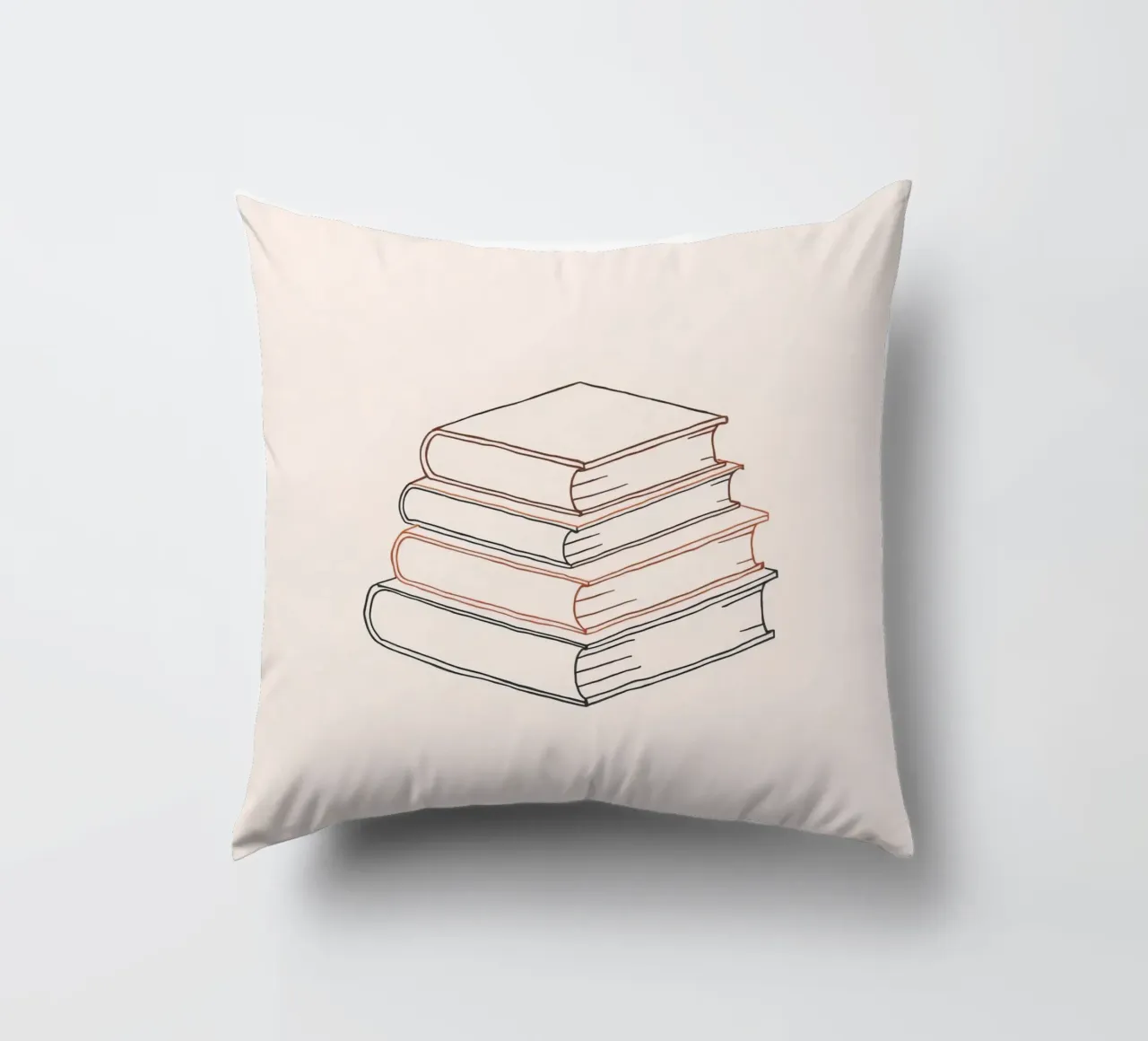 Stack of books in minimal line art style showcasing various decorative cushion by DesignDoodle