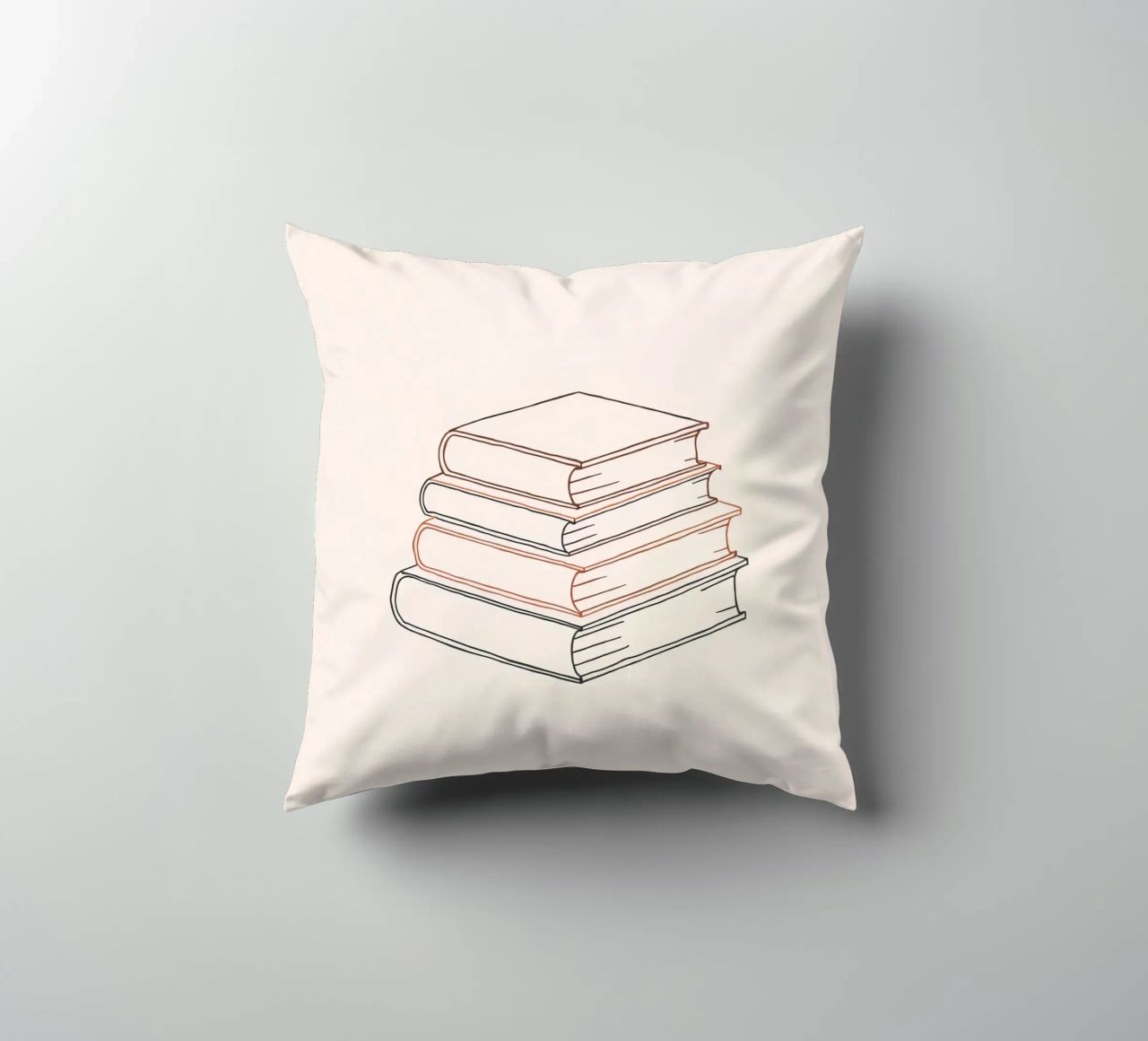 Pila di libri in stile minimal line art che mostrano vari cuscino da DesignDoodle