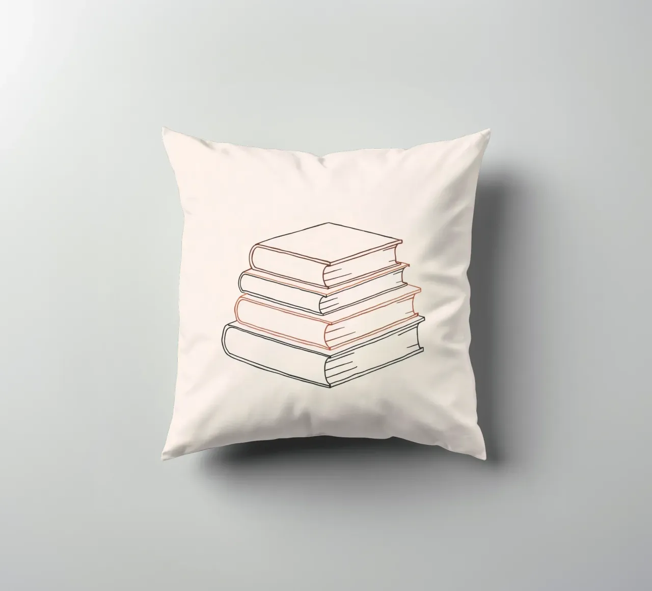 Stack of books in minimal line art style showcasing various decorative cushion by DesignDoodle