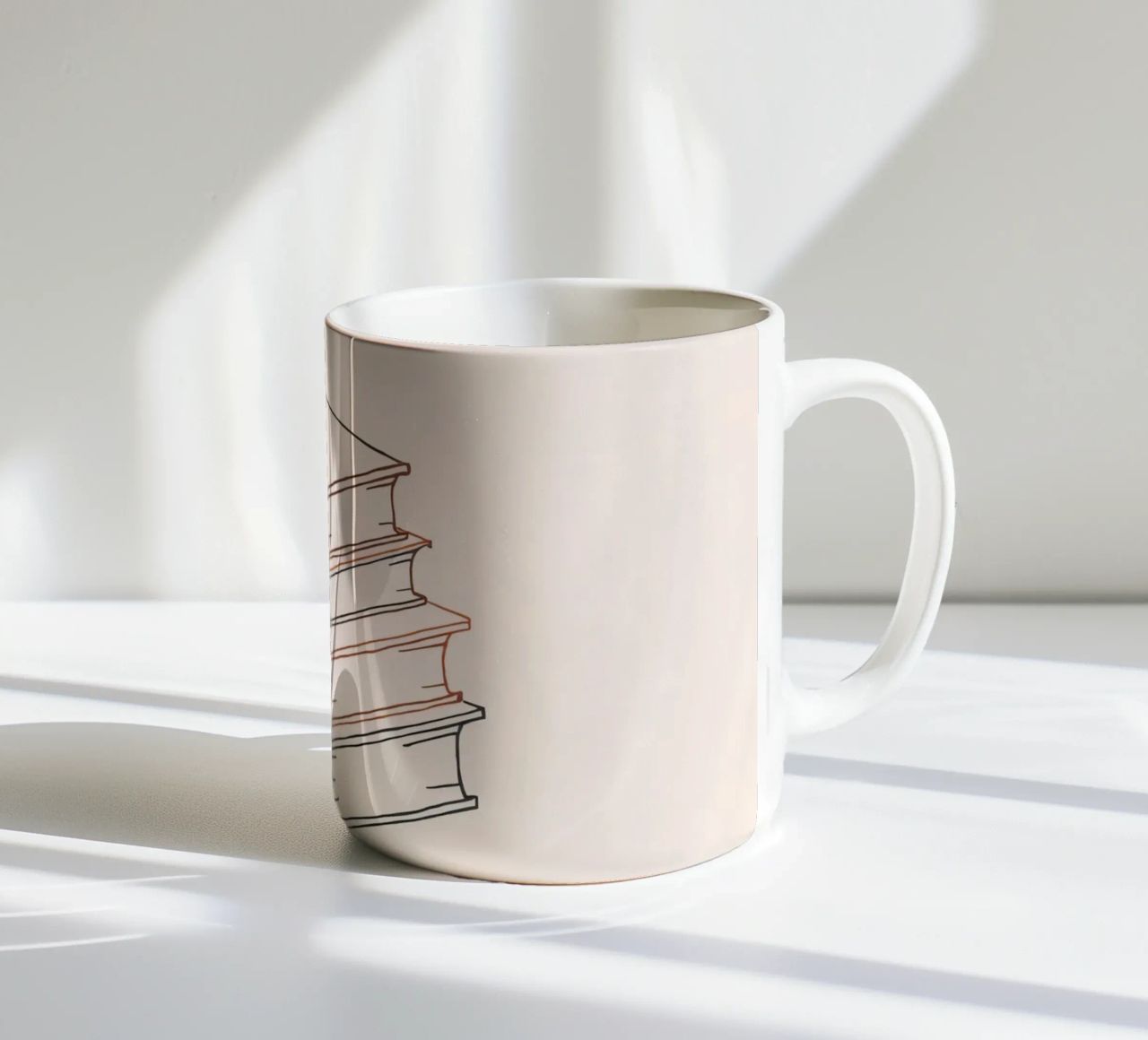 Pila di libri in stile minimal line art che mostrano vari tazza in ceramica da DesignDoodle