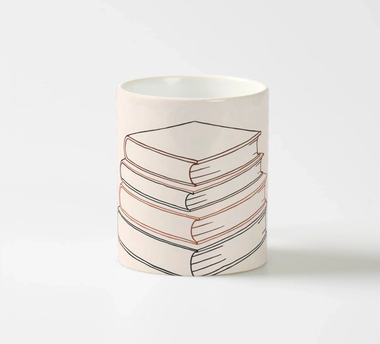 Pila di libri in stile minimal line art che mostrano vari tazza in ceramica da DesignDoodle