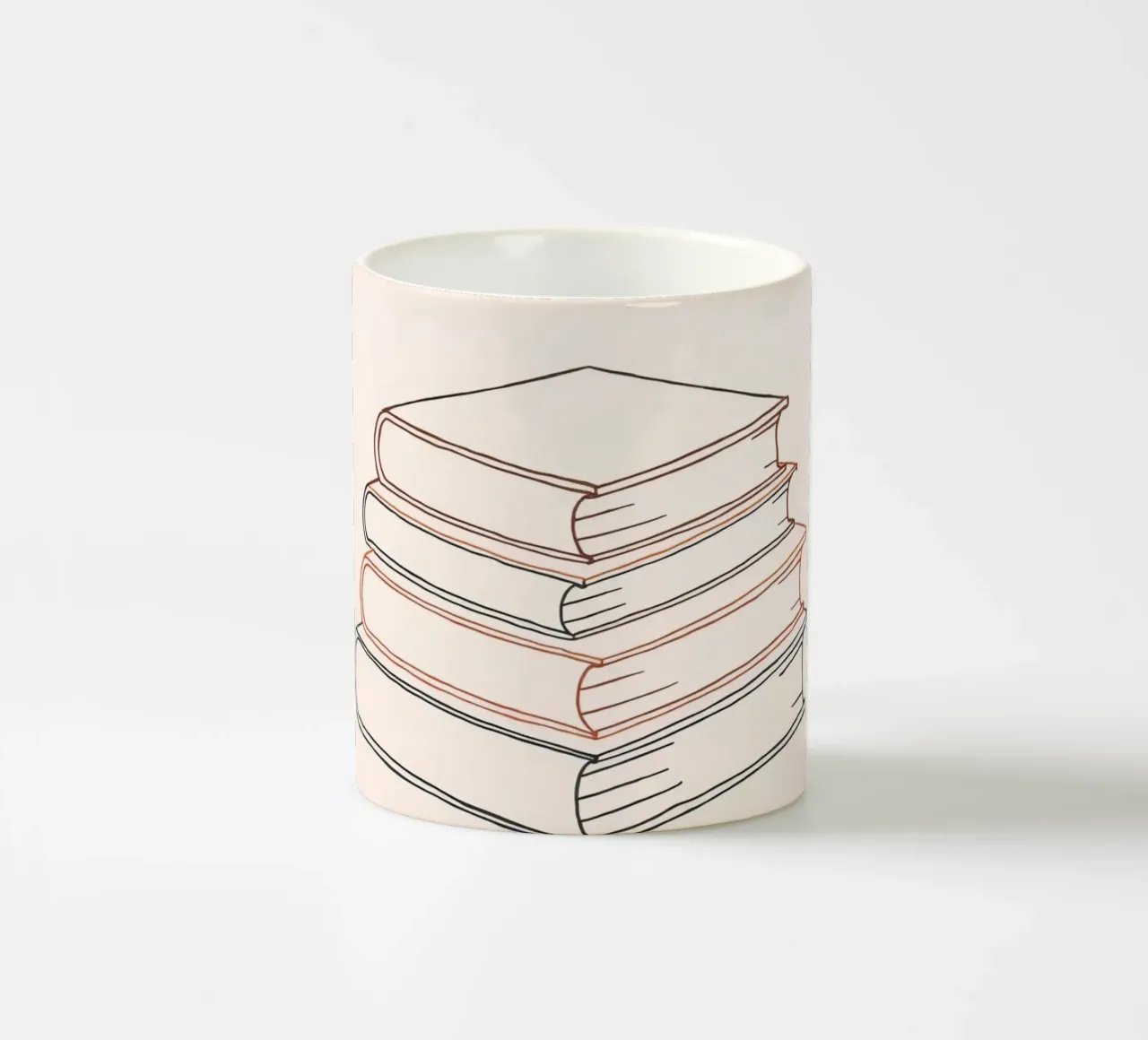 Stack of books in minimal line art style showcasing various ceramic mug by DesignDoodle
