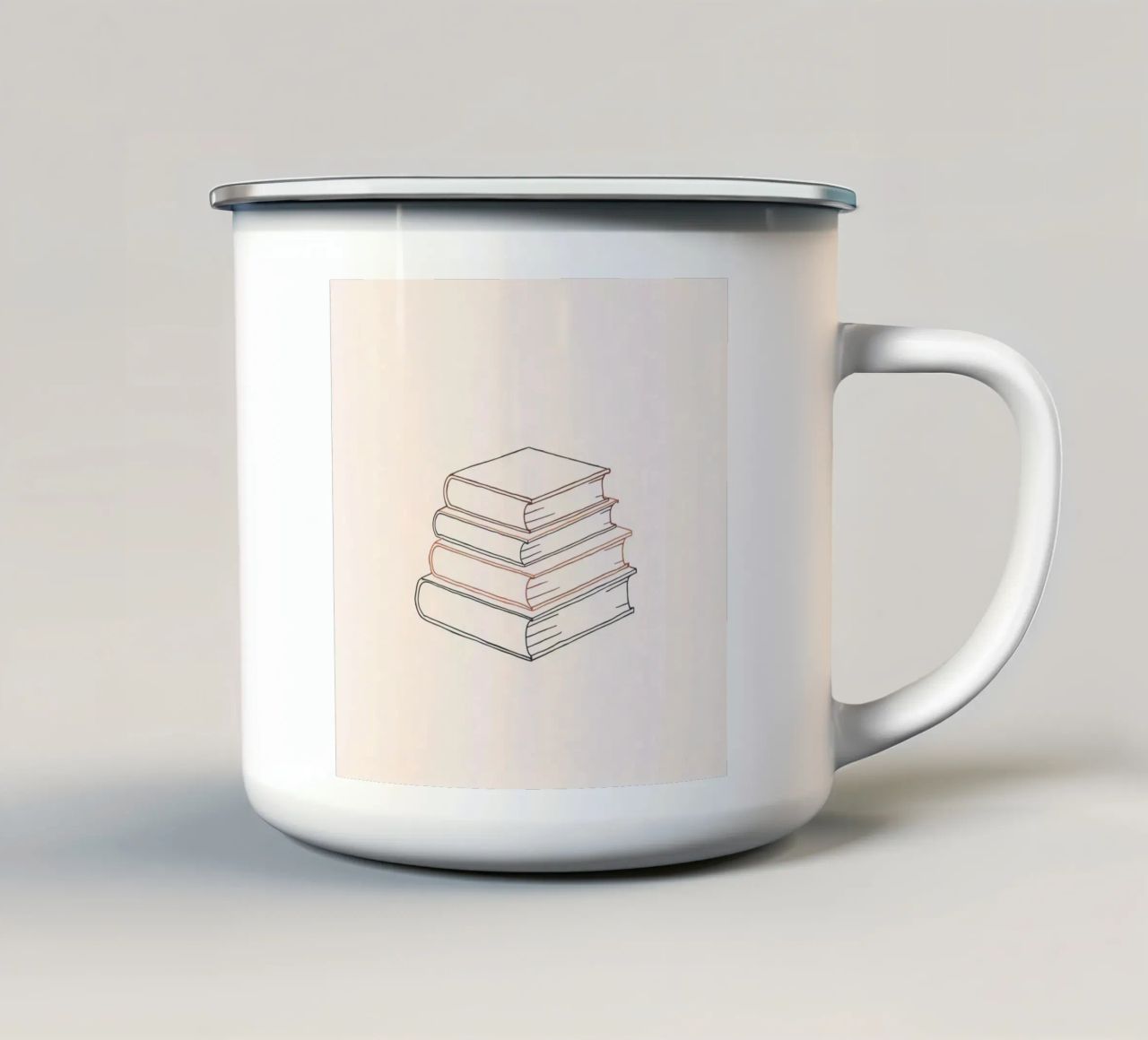 Pila di libri in stile minimal line art che mostrano vari tazza in smalto da DesignDoodle