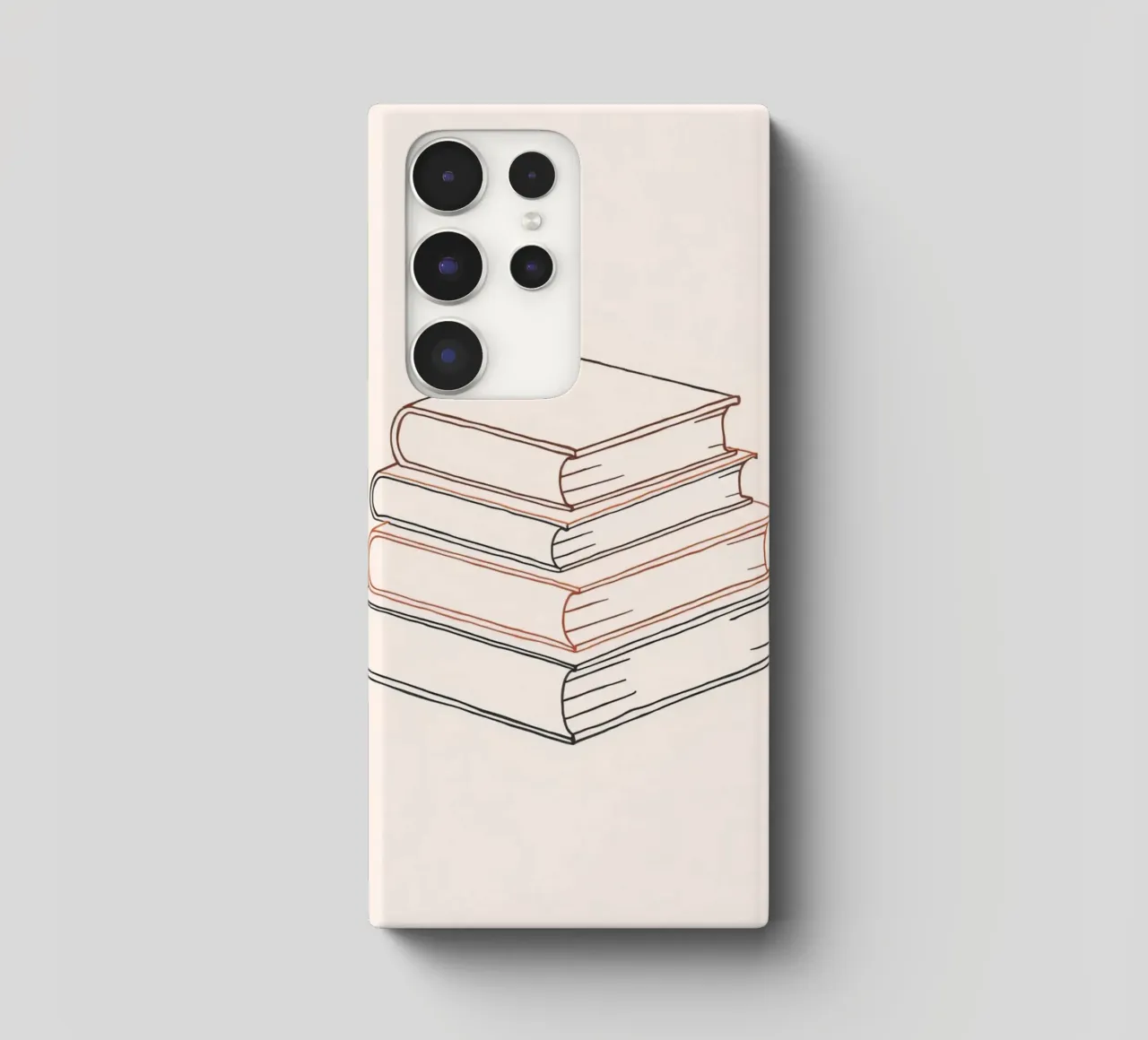 Stack of books in minimal line art style showcasing various samsung phone case by DesignDoodle