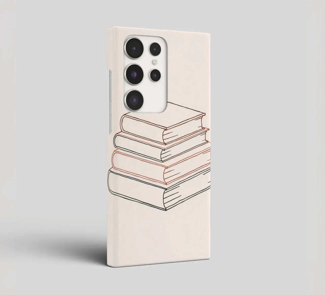 Stack of books in minimal line art style showcasing various samsung phone case by DesignDoodle