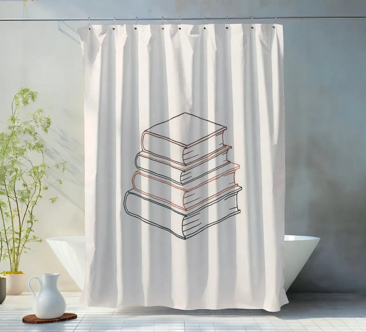 Stack of books in minimal line art style showcasing various shower curtain by DesignDoodle