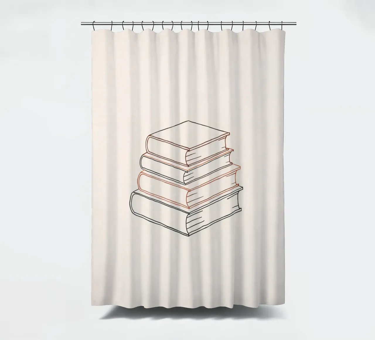 Stack of books in minimal line art style showcasing various shower curtain by DesignDoodle