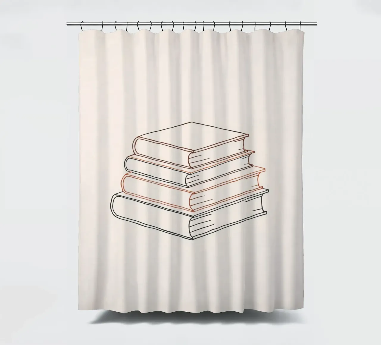 Stack of books in minimal line art style showcasing various shower curtain by DesignDoodle