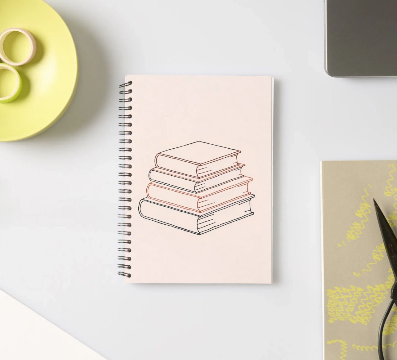 Stack of books in minimal line art style showcasing various spiral notebook by DesignDoodle