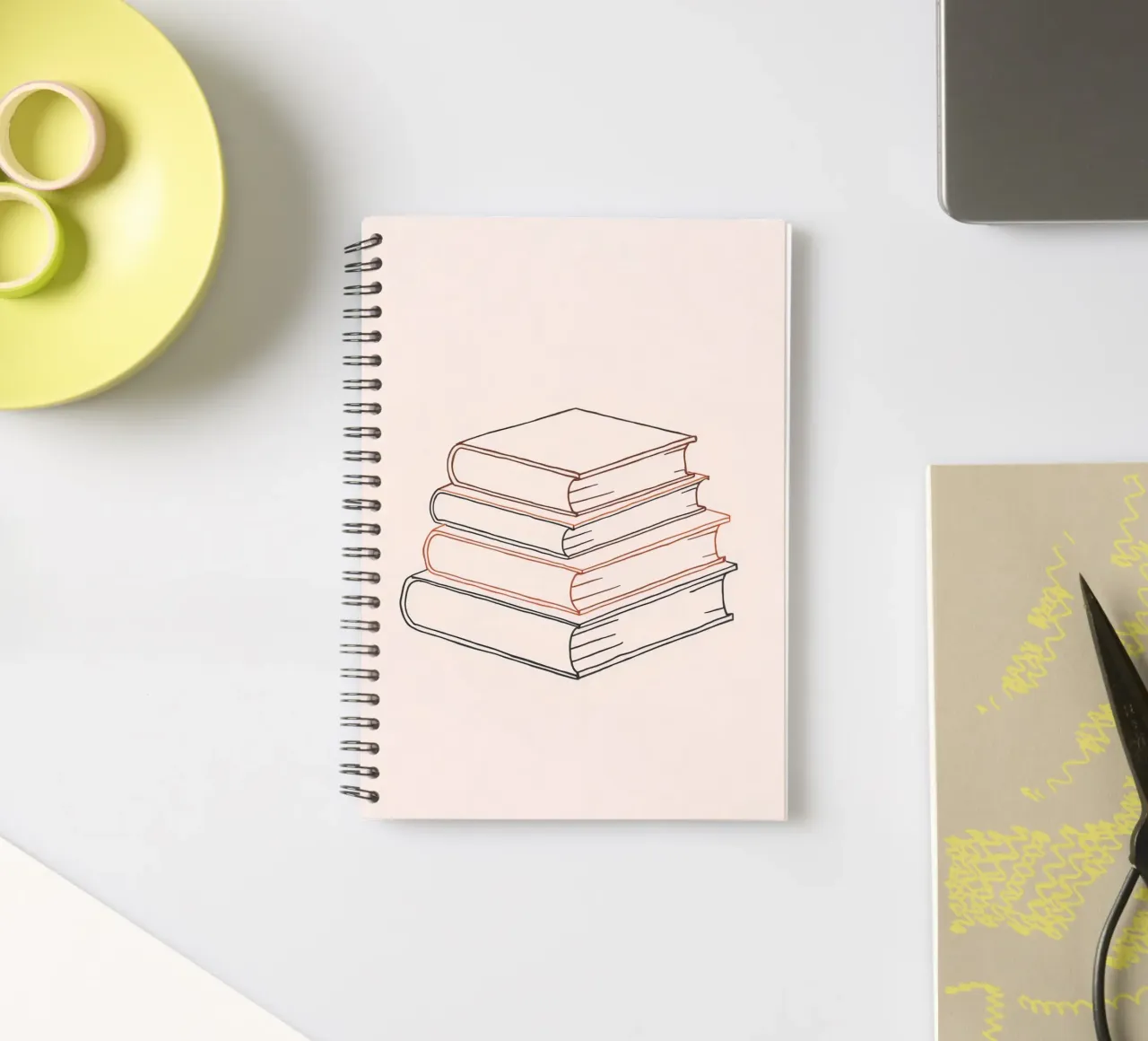 Stack of books in minimal line art style showcasing various spiral notebook by DesignDoodle