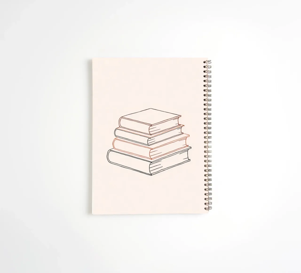 Stack of books in minimal line art style showcasing various spiral notebook by DesignDoodle