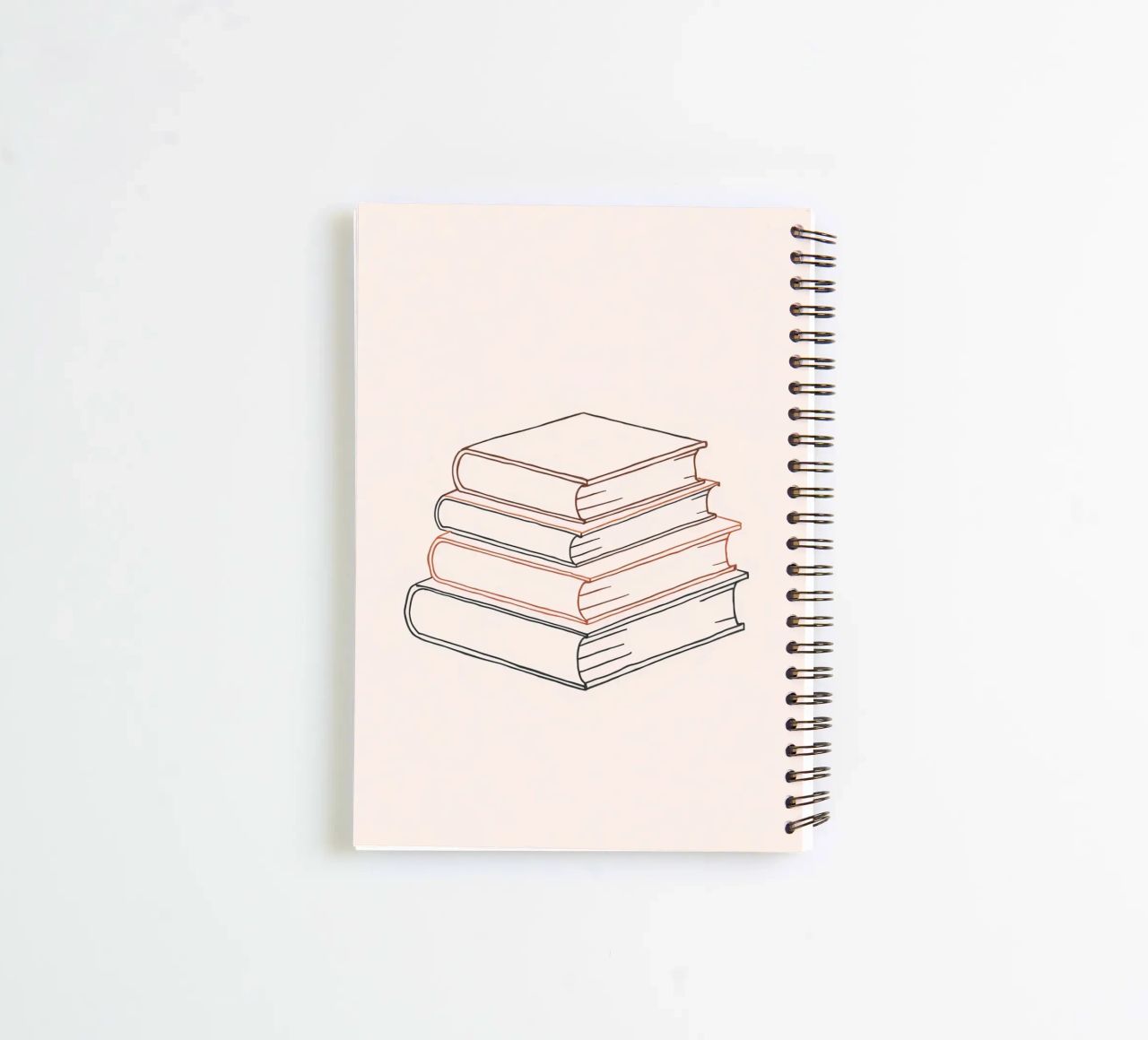 Stack of books in minimal line art style showcasing various spiral notebook by DesignDoodle