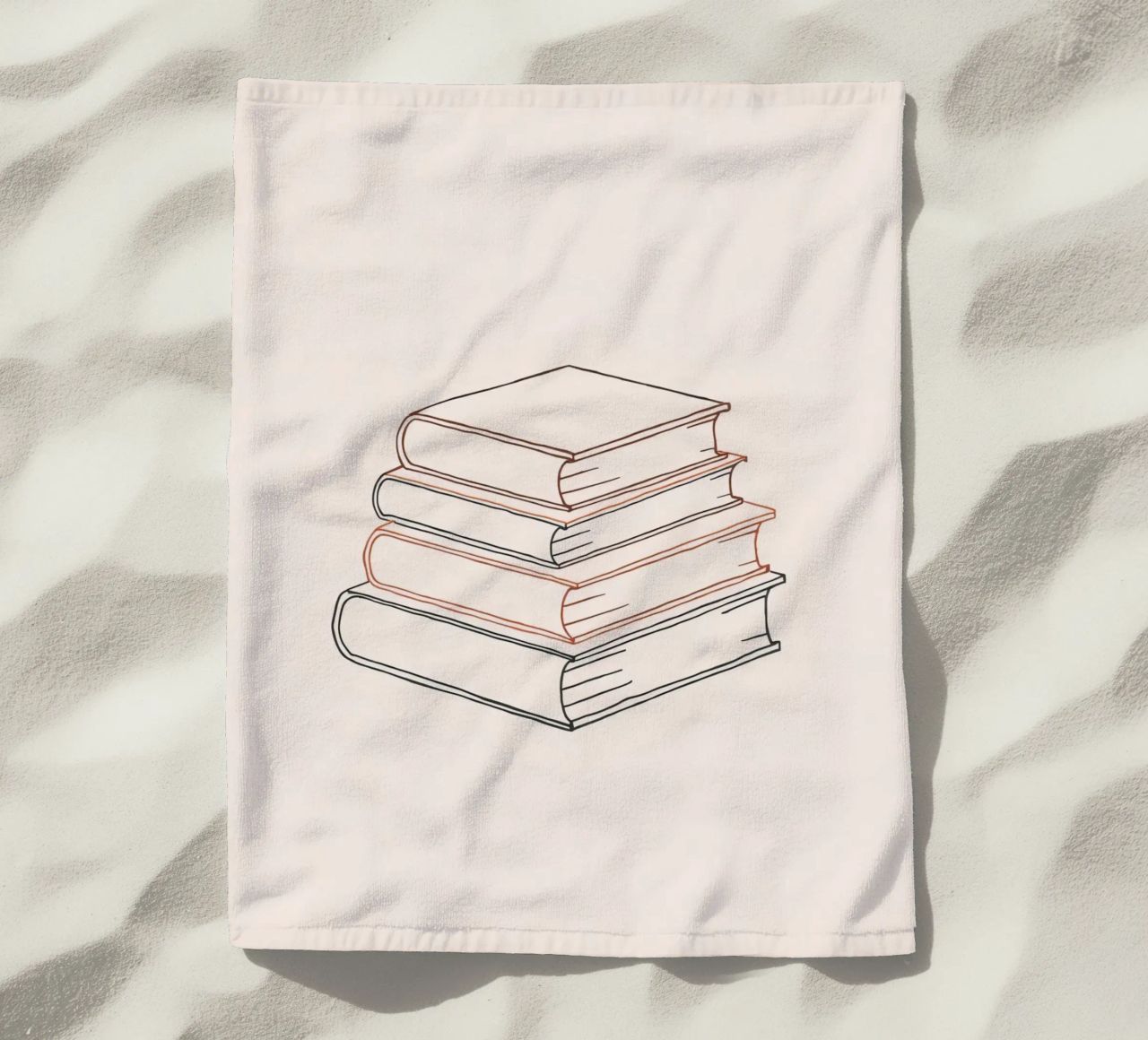 Pila di libri in stile minimal line art che mostrano vari telo mare da DesignDoodle