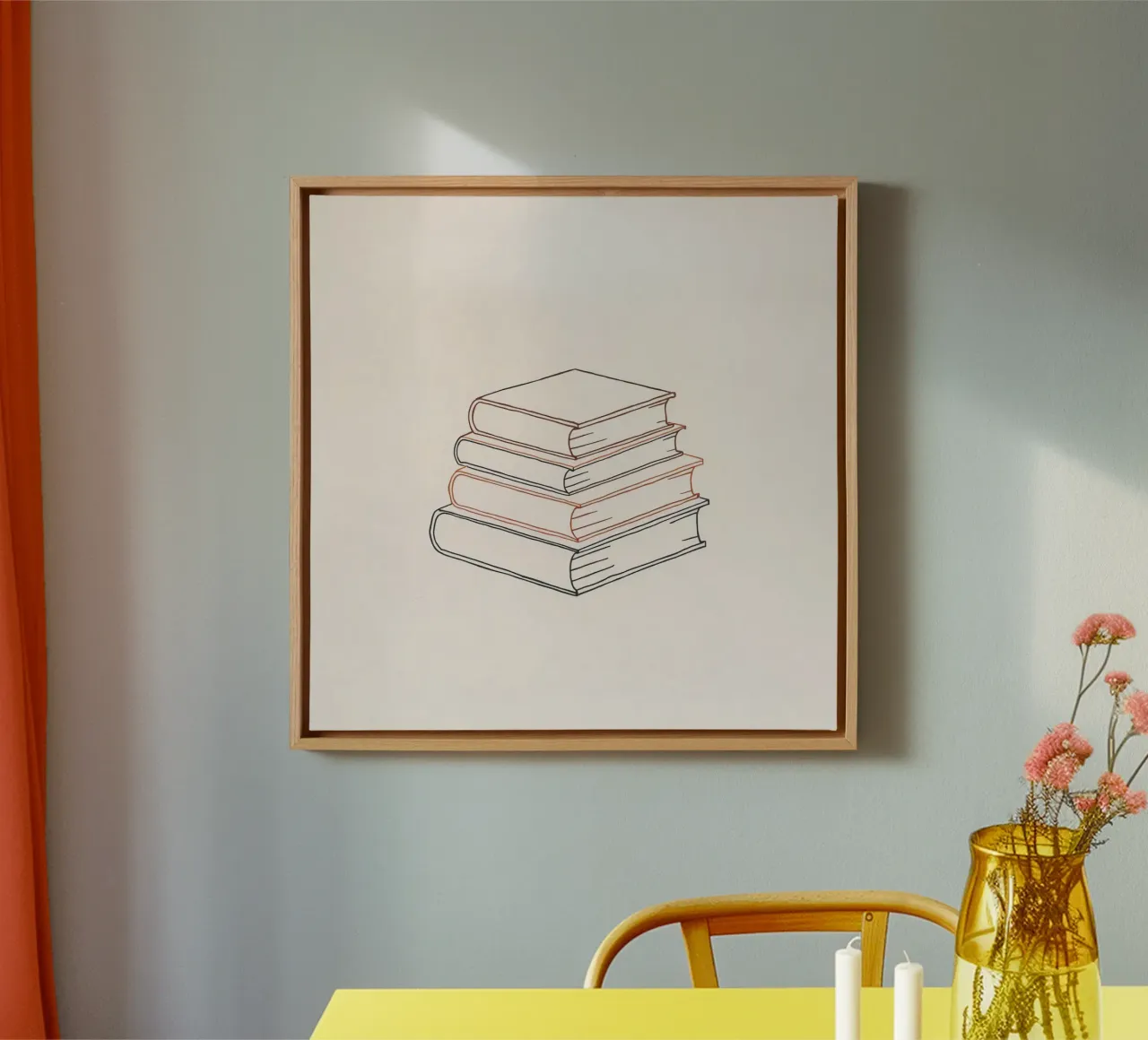 Pila di libri in stile minimal line art che mostrano vari tela da DesignDoodle